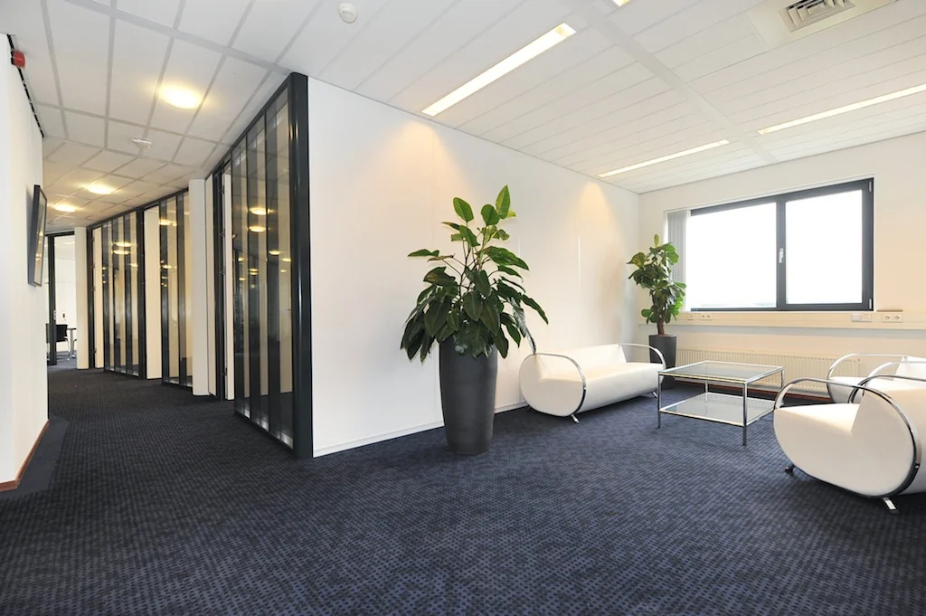 Moderne wachtruimte met witte designstoelen, glazen deuren en grote kamerplanten aan de Laan van S-Gravenmade.